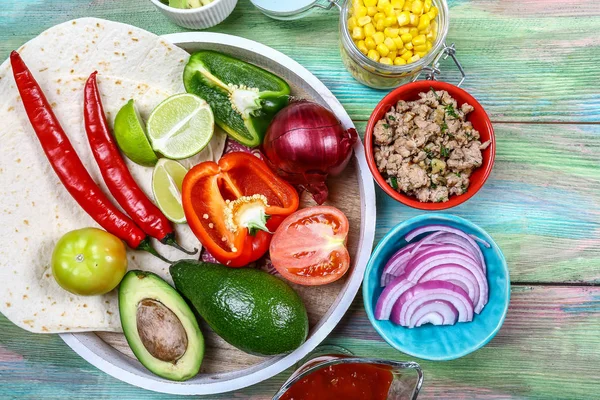 Taco Fixings Mexican Chicken Taco Bowl Onions Minced Beans Corn — Stock Photo, Image