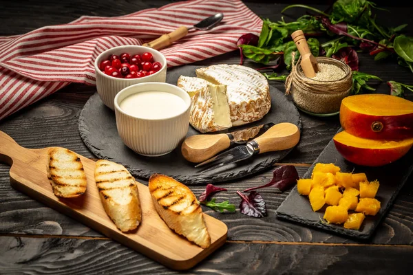 Variety Fresh Food Ingredients Toasts Cream Cheese Mango Served Wooden — Stock Photo, Image