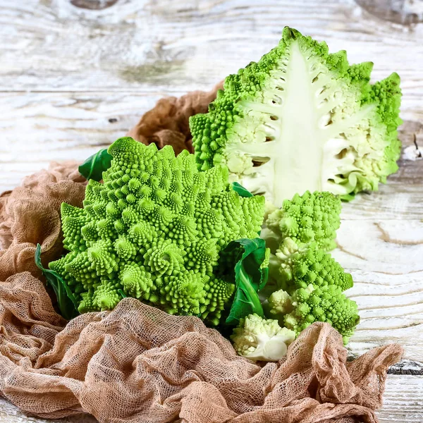 Romanesco broccoli cabbage marco. Nature fractal surface with spital pattern, close-up shot, selective focus.