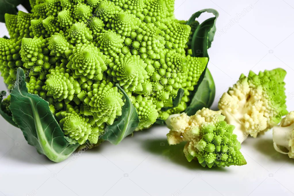 Romanesco broccoli close up. The fractal vegetable is known for it's connection to the fibonacci sequence and the golden ratio. Fun food for any practical scientists that loves mathematics.