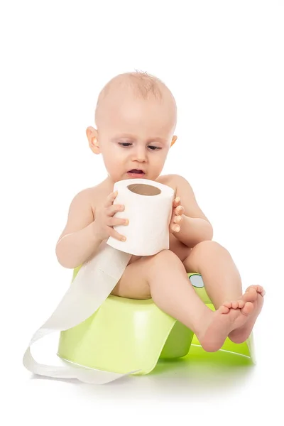 Niño Olla Cámara Papel Higiénico Sobre Fondo Blanco Banner Para — Foto de Stock