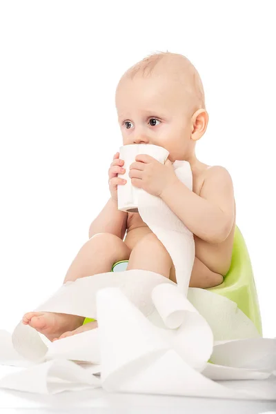 Spoiled Kid Concept Funny Preschool Child Girl Plays Pot Toilet — Stock Photo, Image