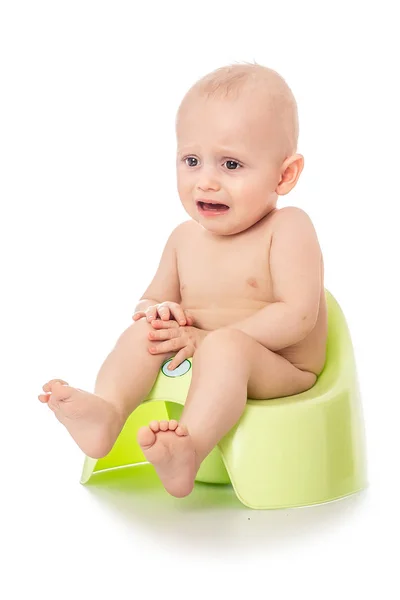 Dissatisfied Baby Cries Pot Infant Child Baby Boy Toddler Sitting — Stock Photo, Image