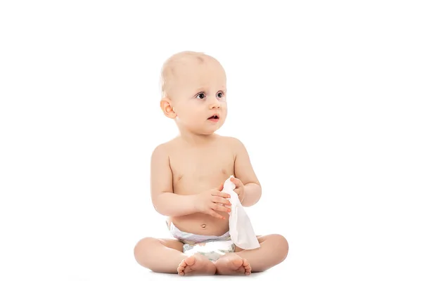 Portrait Bébé Avec Des Lingettes Humides Isolées Sur Fond Blanc — Photo