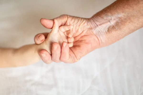 幼い曾孫と曾祖母の手。幸せな家族の概念。マタニティの美しい概念的なイメージ。選択的焦点 — ストック写真