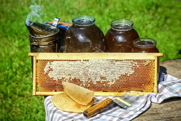 Tarro de miel fresca con una variedad de herramientas para la apicultura, un dispensador de madera y bandeja de panal de abeja de una colmena en una naturaleza muerta en una mesa de madera al aire libre con espacio para copiar — Foto de Stock