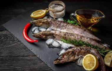 Taze nehir balığı. Grafit arka planda pişirmek için baharatlı ve otlu çiğ balık. Üst görünüm
