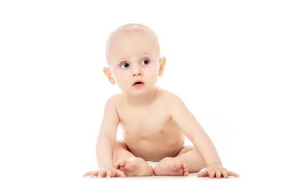 Baby boy portrait in diaper on white background. space for text. — Stock Photo, Image