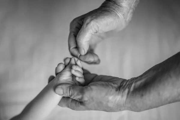 Handen van de pasgeborene en de oude handen. Gelukkig familieconcept. Mooi conceptueel beeld van moederschap. selectieve focus — Stockfoto