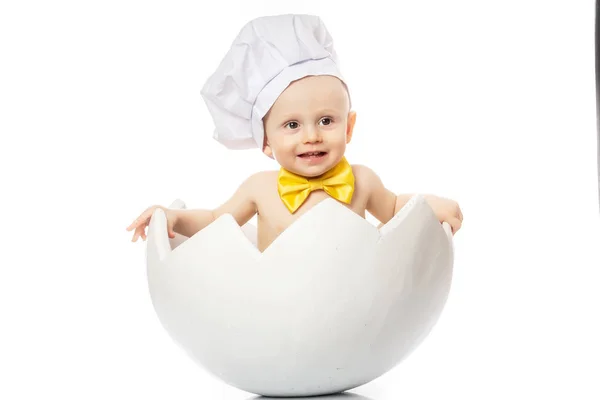 Lilla kocken. Bedårande pojke klädd i s hatt sitter i äggskal. isolerad på vitt. stor storlek upplösning. Matbanner för text eller design — Stockfoto