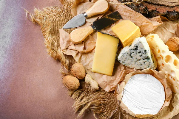 Delicious cheese on the table. A big assortment of different kind of cheeses. Close up, Flat lay. copy text — Stock Photo, Image