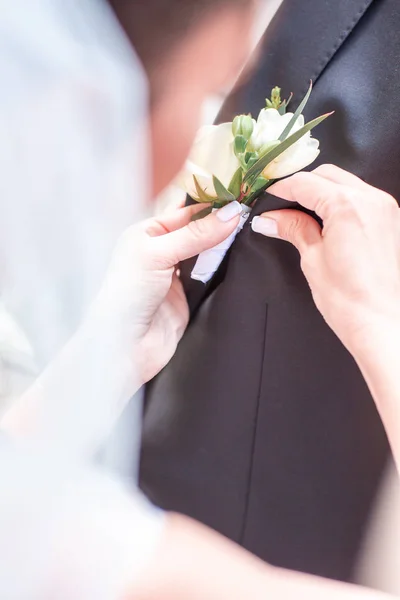 Рука невесты надевает бутоньерный цветок на куртку жениха. Невеста надевает петлю на костюм жениха. макро — стоковое фото