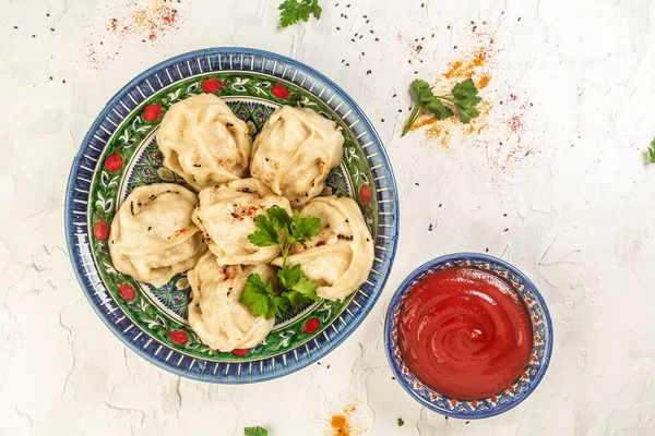 Manti Plato Carne Tradicional Asia Central Cocina Nacional Kazaja Uzbeka —  Fotos de Stock