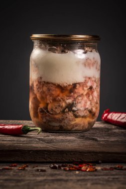 farm organic food. Canned meat in a glass jar on a wooden table. Food recipe background. Close up.