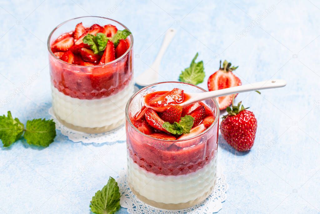 Dessert panna cotta strawberry, mint and berries light background. banner menu recipe place for text.
