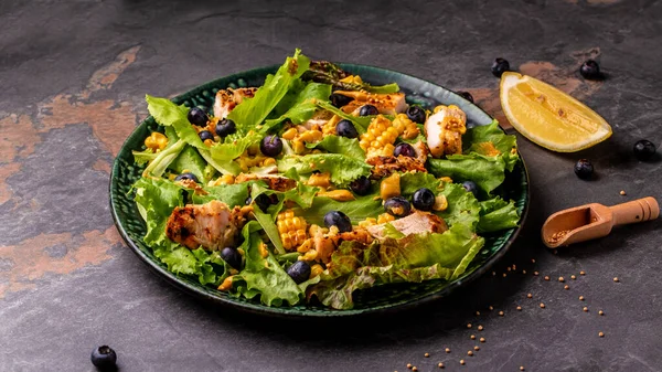 Diet menu. Healthy salad of fresh berries, chicken fillet, green vegetables and mustard. healthy food. banner, catering menu recipe place for text, top view.