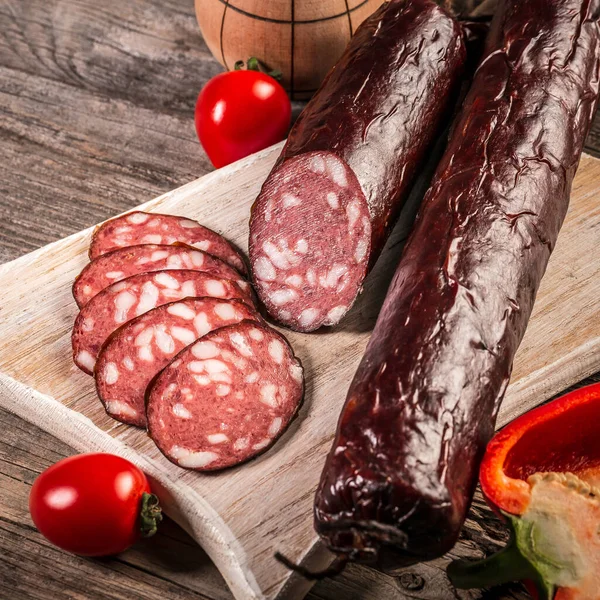 Salami Sausage Old Wooden Table Farm Organic Food Food Recipe — Stock Photo, Image