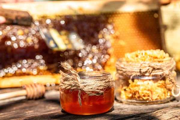 Honey Dipper Bee Honeycomb Background Honey Tidbit Glass Jar Honeycombs — Stock Photo, Image