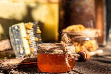 Arıcı balı topluyor. Arıcı özel arıcılık çatalıyla bal peteğini açıyor..