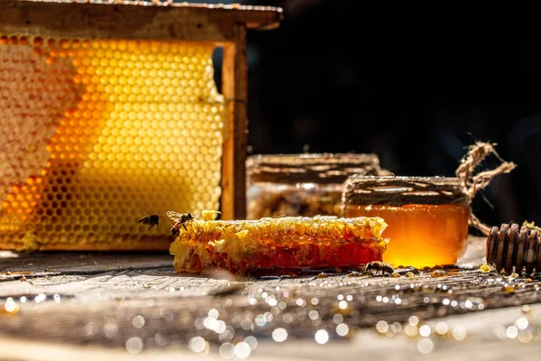 Honig Glasschale Hölzerner Honiglöffel Und Honigwaben Mit Honig Auf Holztisch — Stockfoto