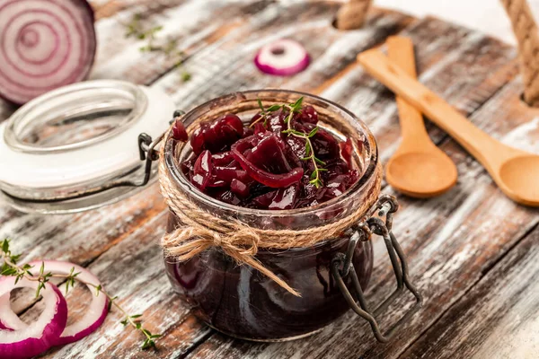 Homemade Onion Marmalade Jam Confiture Chutney Rustic Wooden Table Delicious — Stock Photo, Image