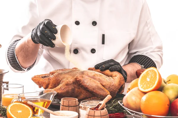 Cooking Chef Duck Sprinkle Fragrant Spices Frozen Independence Day United — Stock Photo, Image