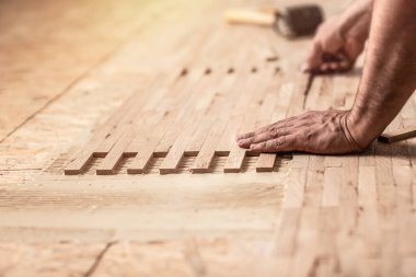 Parke döşeme döşemesi döşeyen bir zanaatkar. Parke döşeme döşemesi döşeme, Pad parke için yapıştırıcı sürmüş..
