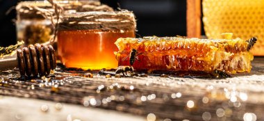 Macro photo of a bee hive on a honeycomb. Bees produce fresh, healthy, honey. Honey background. Beekeeping concept. Long banner format. clipart