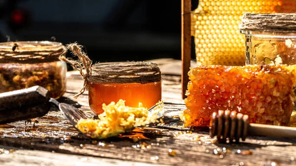 Sweet Honey Pieces Combs Honey Dipper Honey Dripping Honey Dipper — Stock Photo, Image