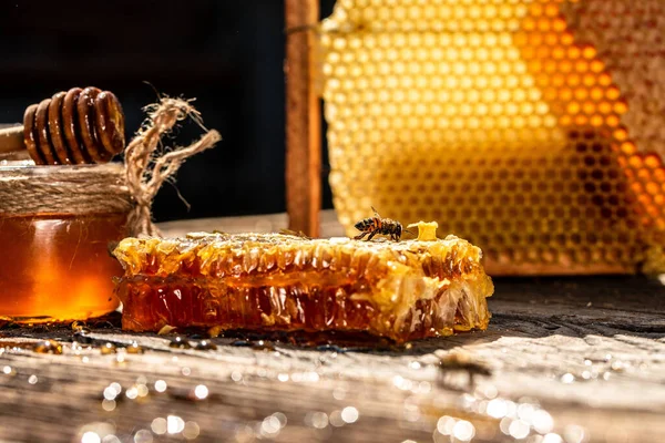 honey with dipper on wooden background, honey comb and honey stick. Bees produce fresh healthy honey background. banner menu recipe place for text