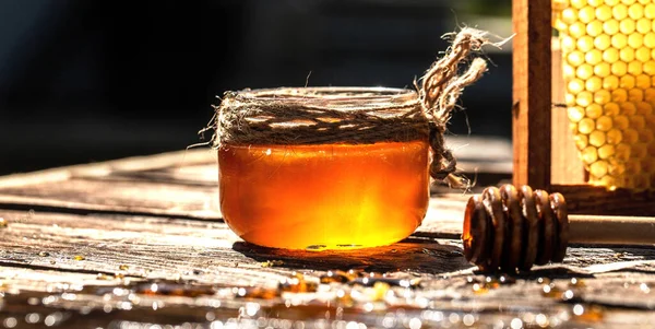 Honeycomb Dalam Madu Jar Memantulkan Cahaya Matahari Konsep Peternakan Lebah — Stok Foto