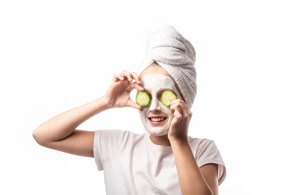 Years Old Preteen Chilling Making Clay Facial Mask Cucumber Slices — Stock Photo, Image