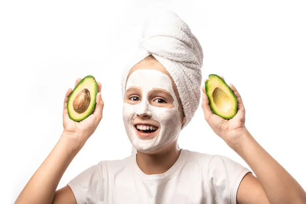 Studio Portrait Teen Girl Applying Facial Clay Mask Avocado Towel — Stock Photo, Image
