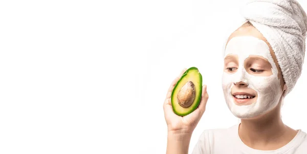 Young Teenager Girl White Green Mud Mask Face Holding Avocado — Stock Photo, Image