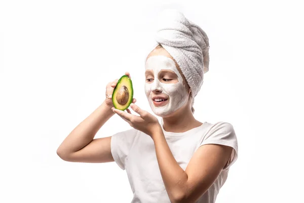 Funny Little Girl Applying Facial Mask Holding Avocado Fruit Teen — Stock Photo, Image