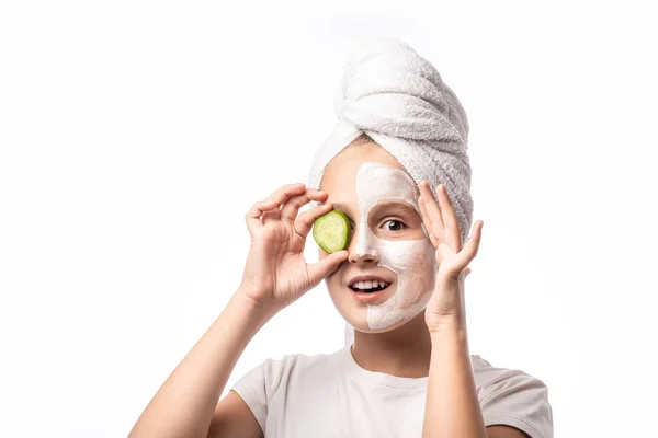 Funny Little Girl Mask Skin Face Cucumbers Eyes Isolated White — Stock Photo, Image