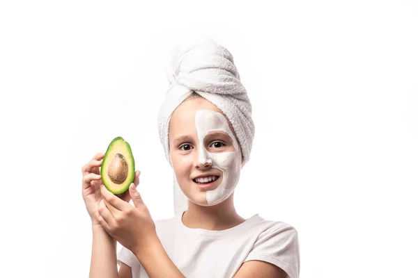 Years Old Preteen Chilling Making Clay Facial Mask Holding Avocado — Stock Photo, Image