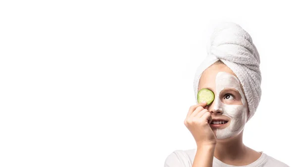 Girl Making Clay Facial Mask Cucumber Eyes Teenage Girl Doing — Stock Photo, Image