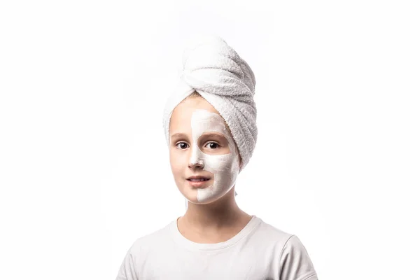 Girl Receiving Cosmetic White Facial Mask Charming Lady Doing Aging — Stock Photo, Image