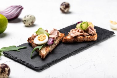 Ton balıklı tostları kapatın. İtalyan bruschetta sandviçi, konserve ton balığı, salatalık, bıldırcın yumurtası ve soğan, üst tarafta. Yemek tarifi geçmişi.