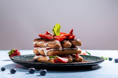 Çilekli tiramisu ve mascarpone. Yaz tatlısı, klasik tiramisu nane yapraklarıyla süslenmiş çilekler, yemek servisi, pankart, menü, yemek tarifi, metin için yer..