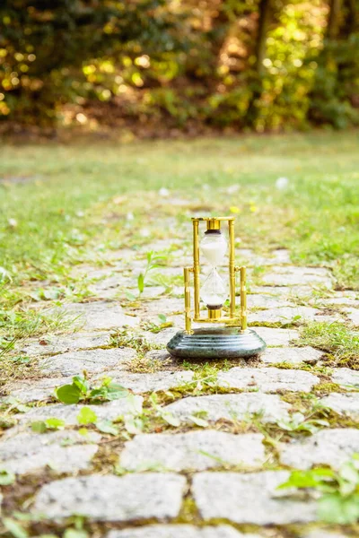 Schöne Goldene Sanduhr Auf Naturhintergrund — Stockfoto