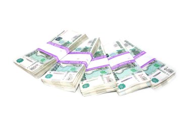 beyaz bir arka plan üzerinde bir hayranı gibi Rus kağıt fatura bin ruble demetleri yalan