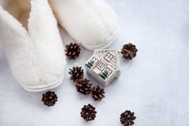 rahat beyaz kürk terlik koniler ve bir ev ile bir çift. metin için yer