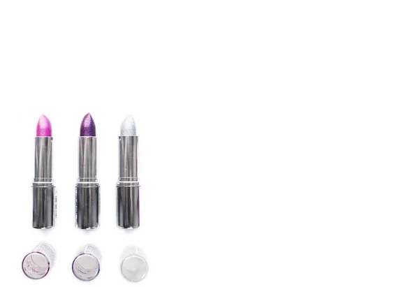 Three Open Silver Metallic Tubes Lipstick Pink Purple Silver Isolated — Stock Photo, Image