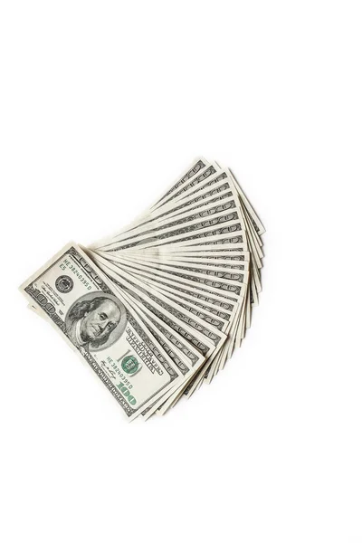 Fan de billets de cent dollars isolé sur fond blanc photo verticale — Photo