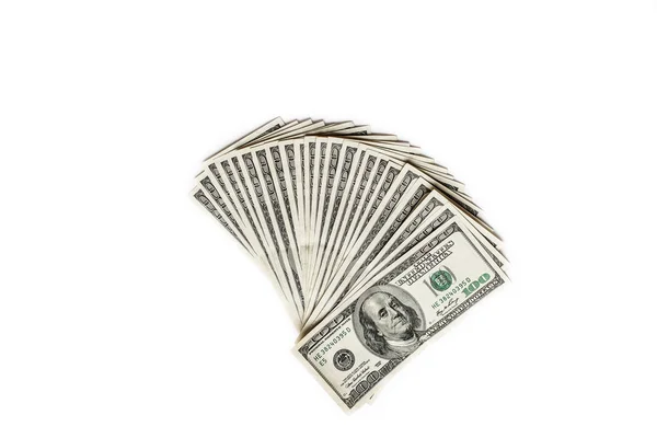 白い背景のトップビューに分離された100ドル紙幣のファン — ストック写真