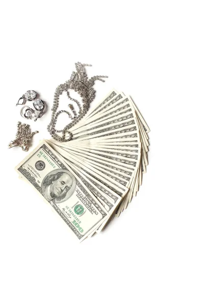 百ドル紙幣と大きな白い宝石と豪華な宝石のファン — ストック写真