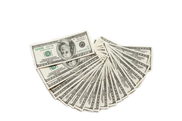 Ventilador de várias centenas de notas de dólar isolado no fundo branco — Fotografia de Stock