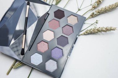 Palet çıplak kozmetik makyaj, göz farı paleti, doğal renkler gölgeler minimalizm, gypsophila ve buğday üstten görünüm kulakları ile